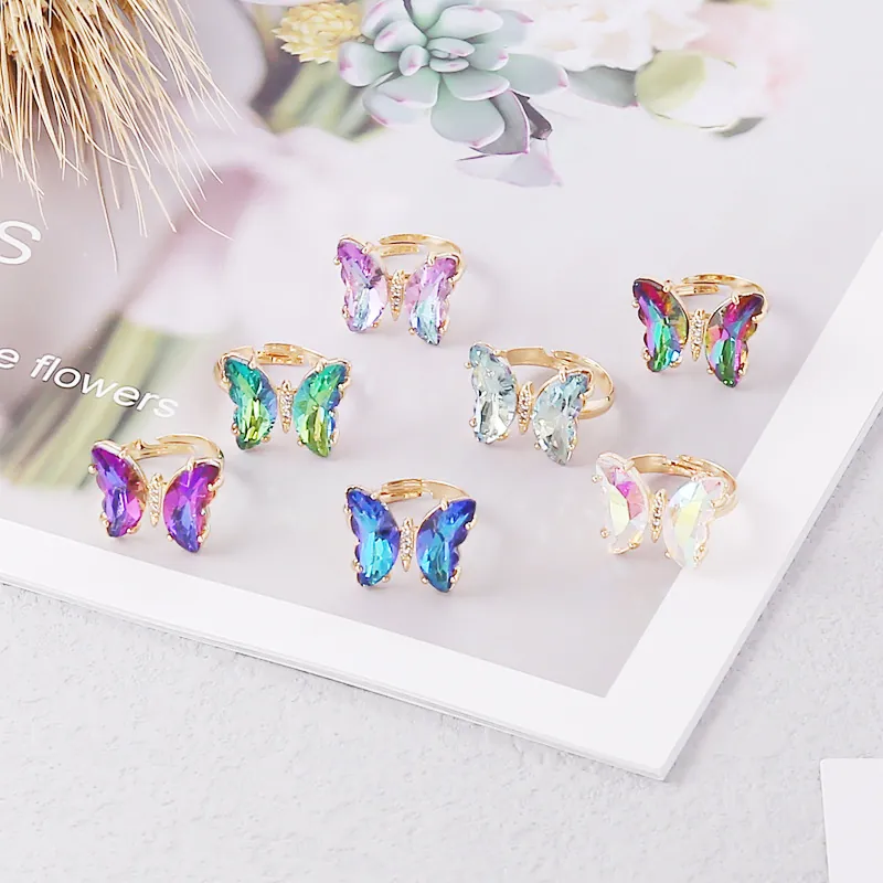 Anillo De Mariposa Cobre Y Vidrio Degradado Ajustable Joyería De Moda Para Mujeres Con Micro Circonita Incrustada
