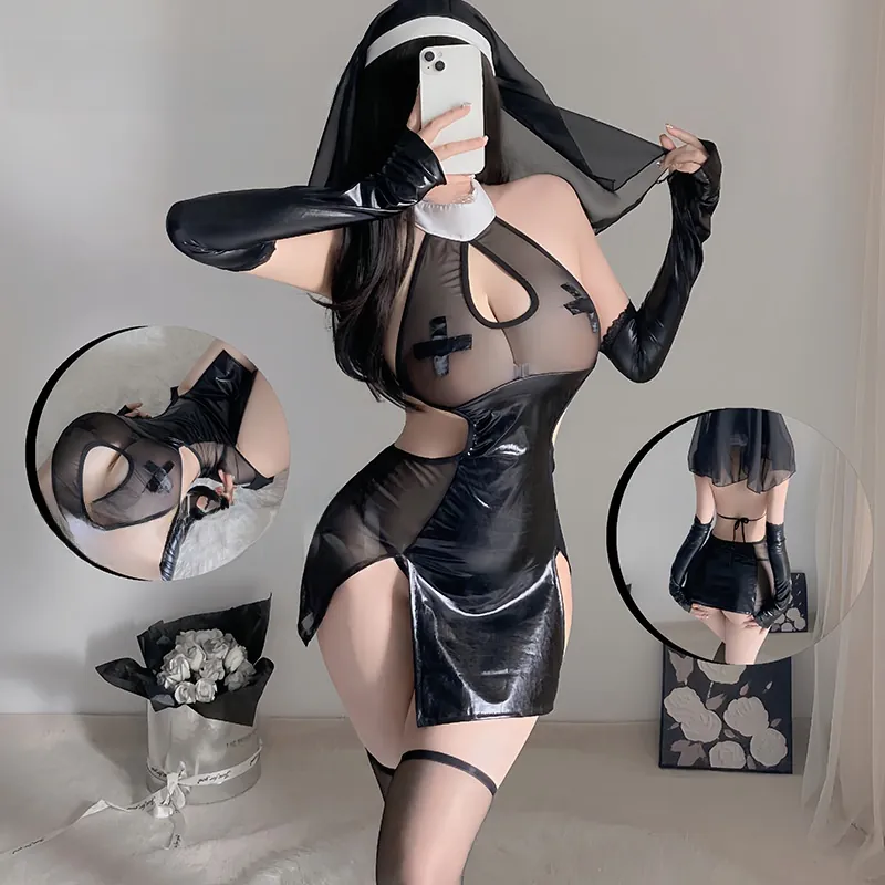 Lingerie Cosplay Religieuse Sexy Similicuir Maille Découpée Décor Croix Costume Jeu De Rôle Noir
