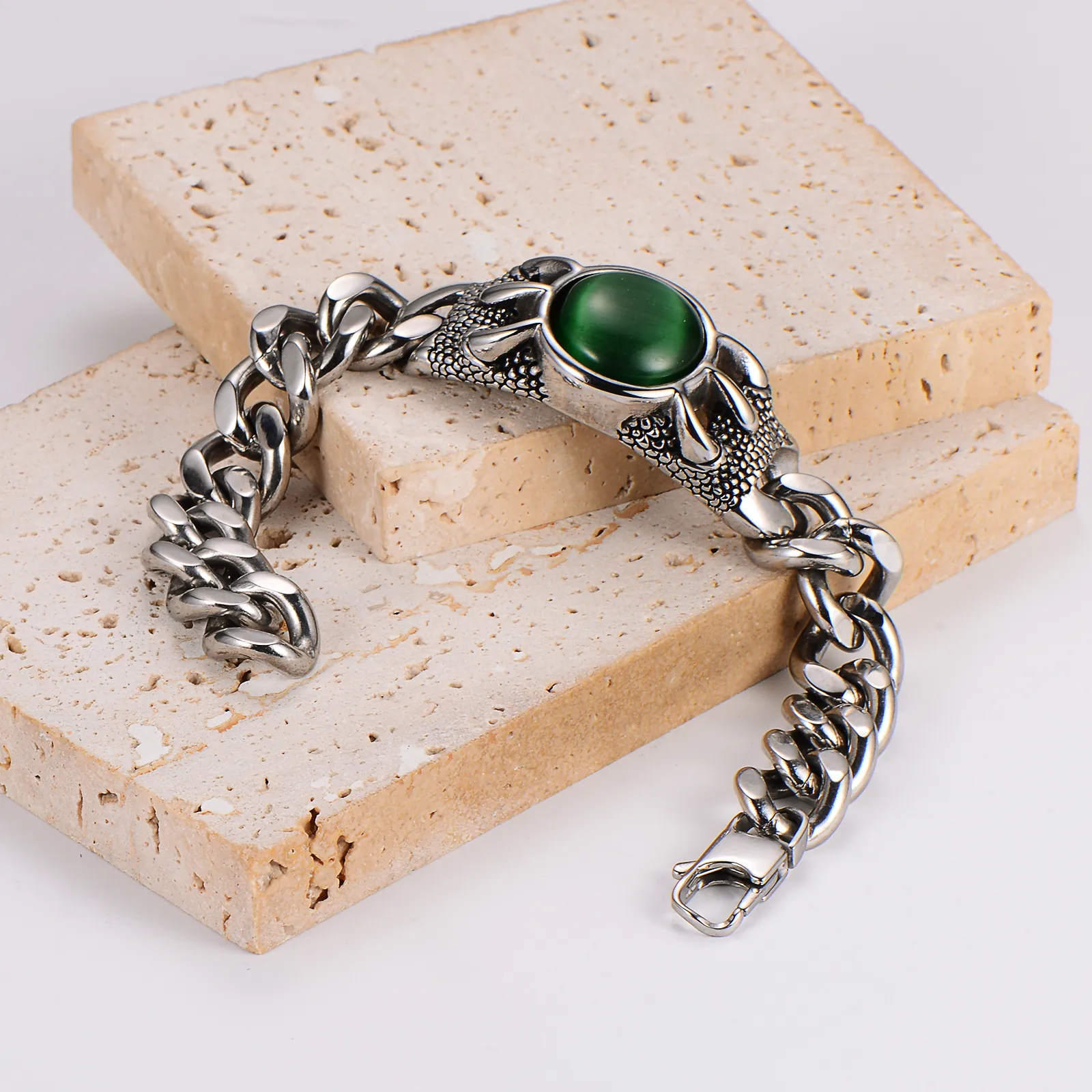 Men Cuban Chain Bracelet 304 Stainless Steel Round Green Synthetic Cat Eye Gemstone Dragon Claw Retro Gothic Punk Jewelry