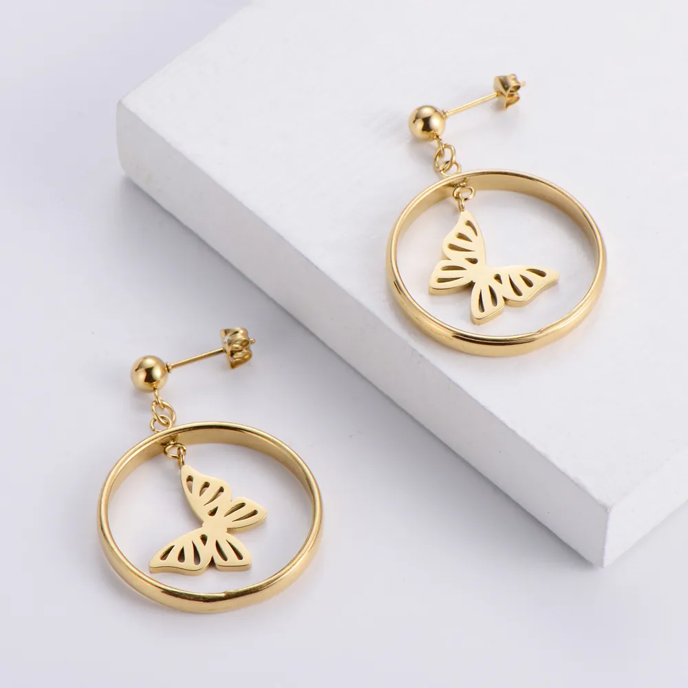 Butterfly Hoop Earrings 316L Stainless Steel 18K Gold Vacuum Plated Hollow Out Geometric Charm For Women Fashion