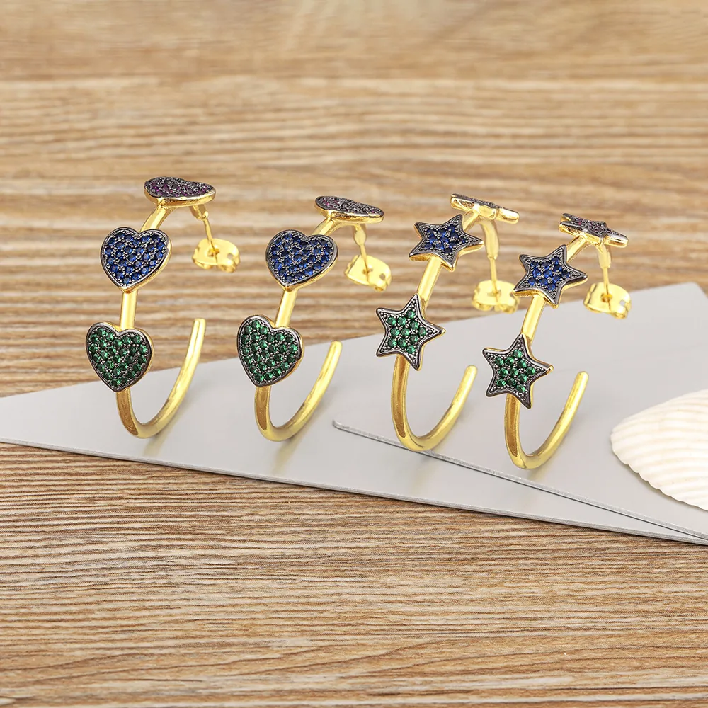 18K Gold Plated Copper C-Shaped Hoop Earrings For Women Colorful AAA Cubic Zirconia Heart Star Charms Western Jewelry