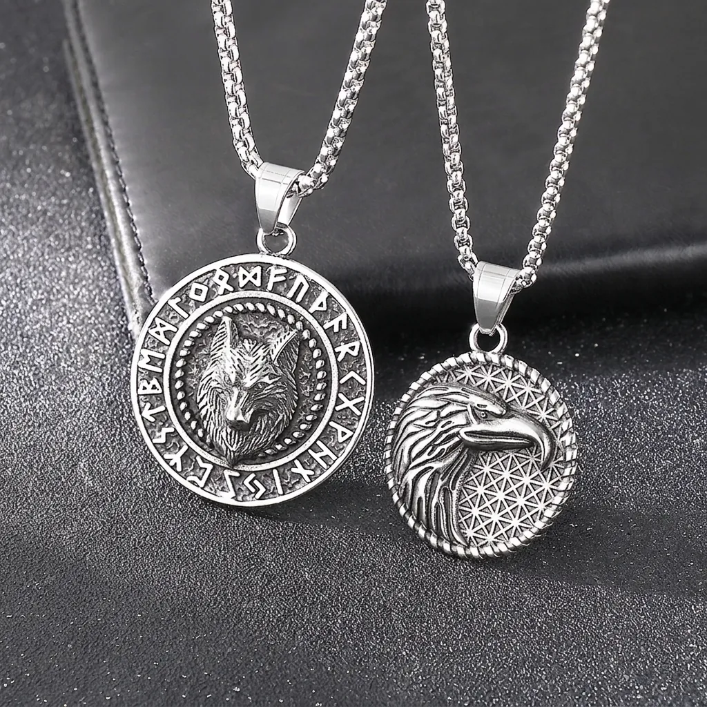 Wolf Head Eagle Pendant Necklace Nordic Viking Rune Vegvisir Compass Retro Distressed Round Plate Titanium Steel Punk Jewelry For Men