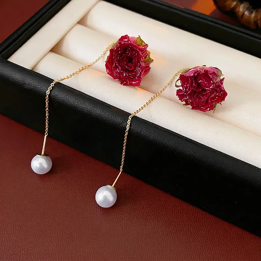 Boucles D Oreilles Pendantes Roses Éternelles Et Künstliche Perles Cuivre Plaqué Or Avec Tige En Argent Sterling 925 Vintage Pour Femme