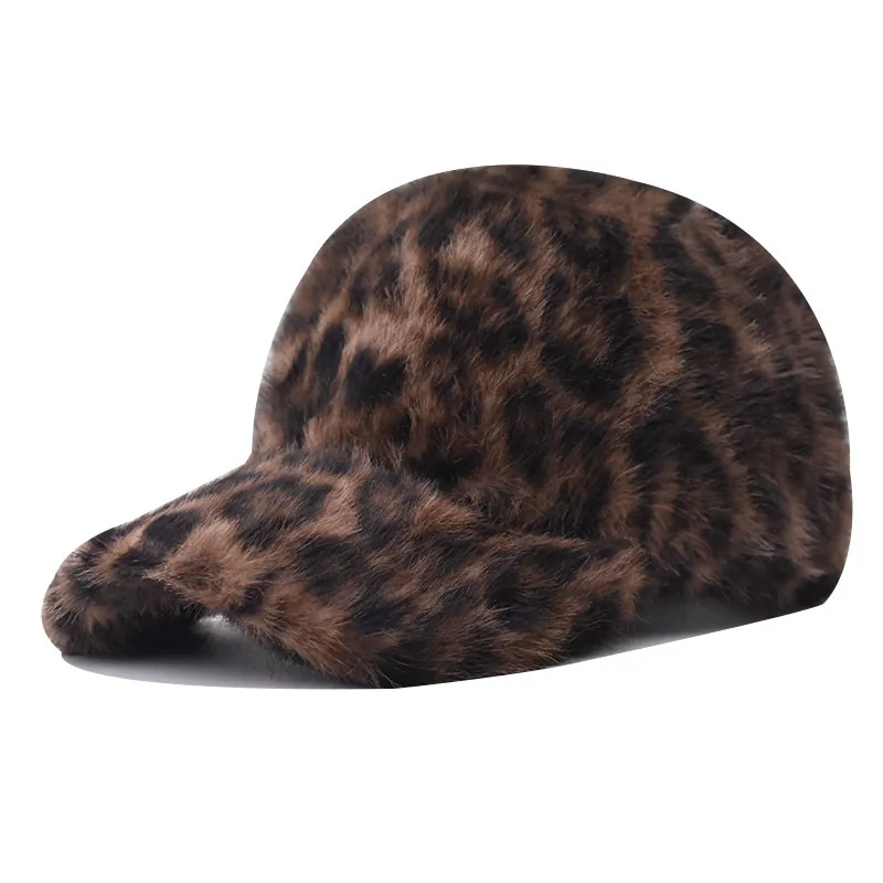 Baseball Cap Leopard Print Faux Fur Warm Plush Autumn Winter Outdoor Hat Unisex Adjustable