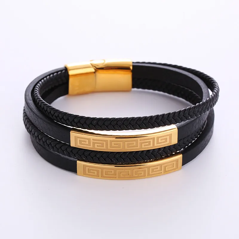 Men Multi-Layer Leather Braided Bracelet Stainless Steel Greek Key Pattern Gold Plated Magnetic Clasp Fashion Jewelry