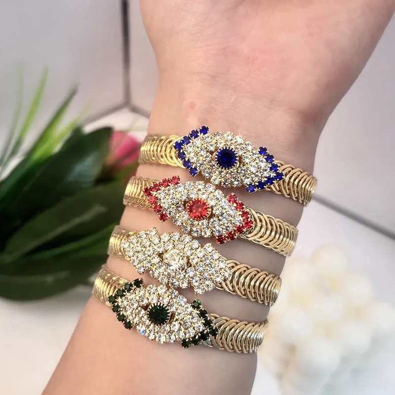 Vintage Evil Eye Copper Stretch Bracelet Colorful Rhinestone Inlaid Bangle For Women European Exaggerated Jewelry Gift
