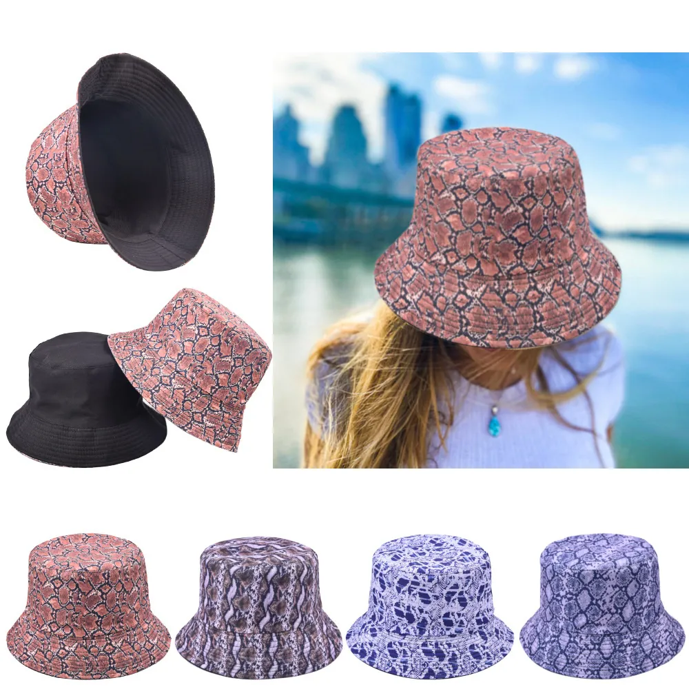 Reversible Bucket Hat Washed Cotton Snake Skin Animal Print Outdoor Beach Sun Protection Wide Brim For Men Women