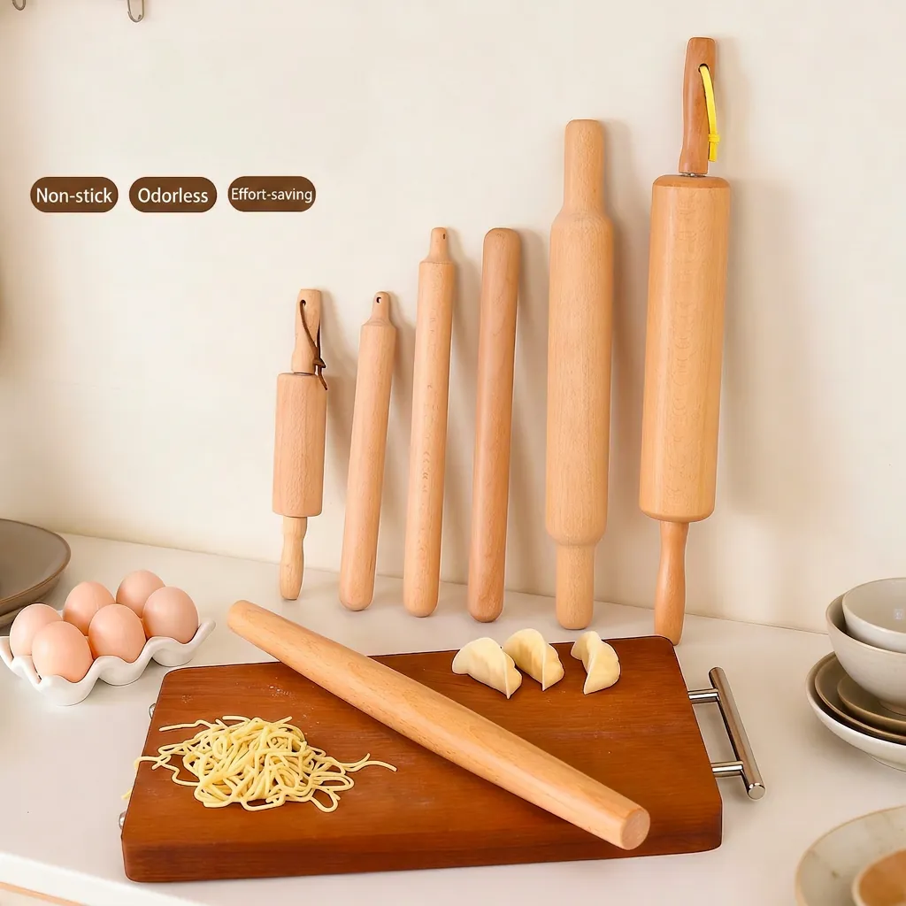 Natural Beech Wood Rolling Pin Non Stick Dough Roller For Baking Dumplings Japanese Style Smooth Ergonomic Tool