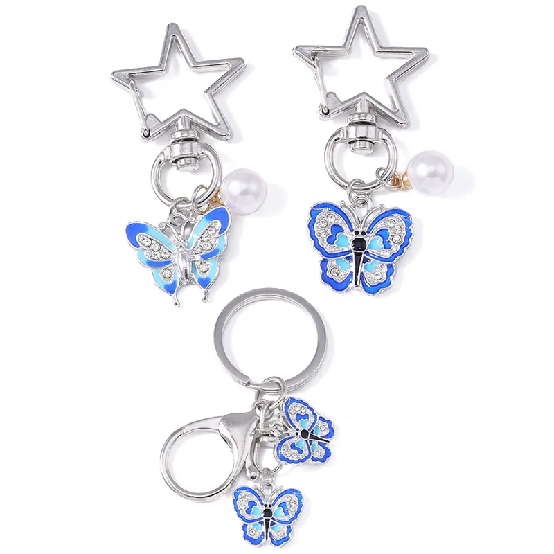 Butterfly Keychain With Blue Enamel Rhinestone And Faux Artificial Pearl Star Shape Metal Clasp Bag Pendant Charm For Women Girly