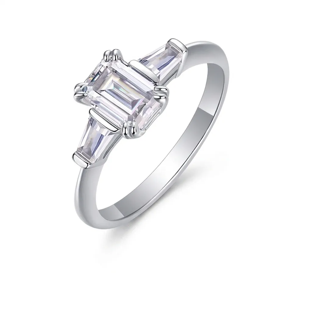 Emerald Cut Moissanite Ring 925 Sterling Silver Three Stone Engagement Wedding Anniversary Band For Women Luxurious Jewelry Gift
