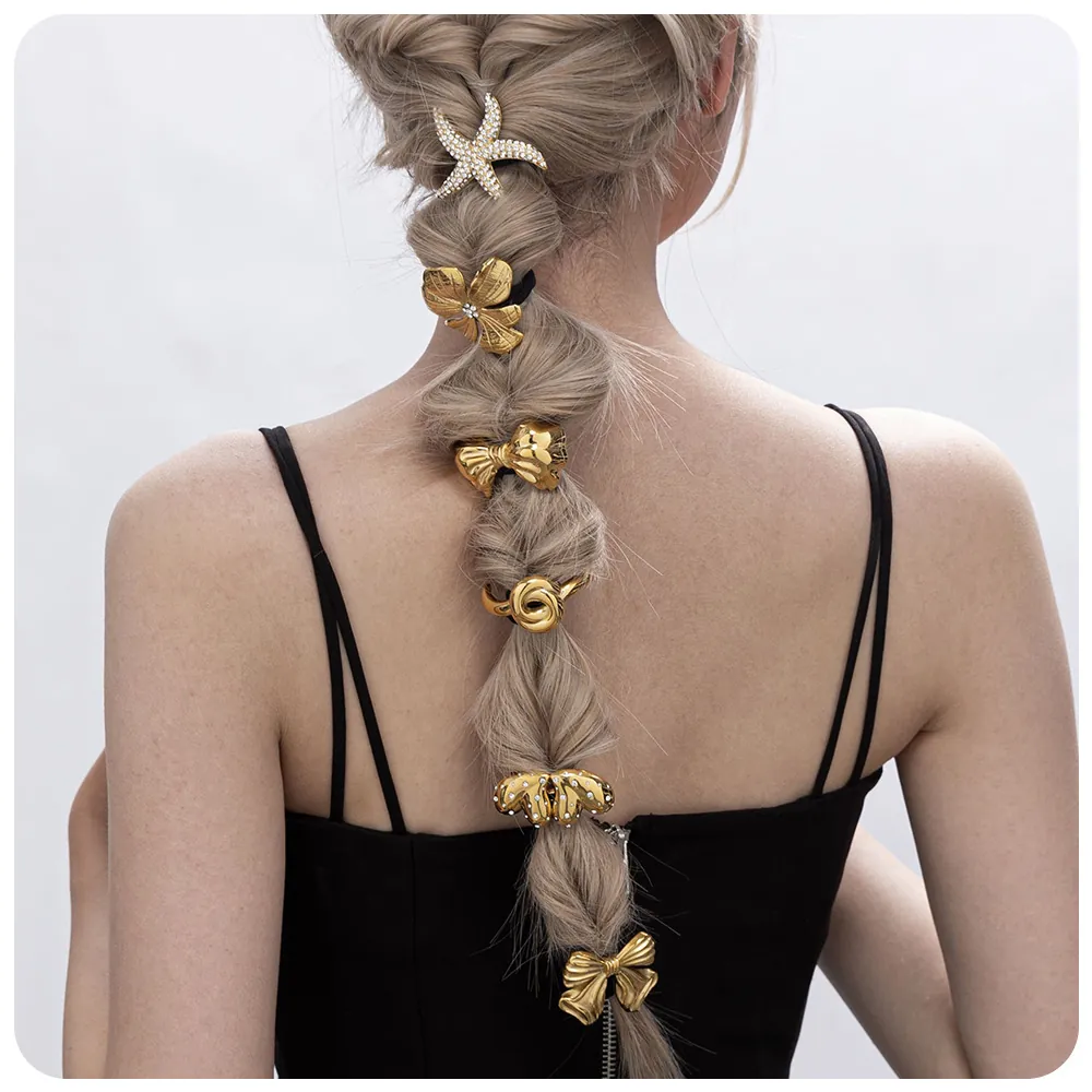 Stainless Steel Hair Ties Rhinestone Butterfly Starfish Heart Knot High Elasticity Ponytail Holders Women Elegant Chic