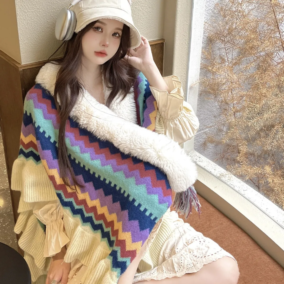 Women Knitted Poncho Shawl Colorful Wave Pattern Faux Fur Collar Tassel Retro Ethnic Bohemian Warm Cape