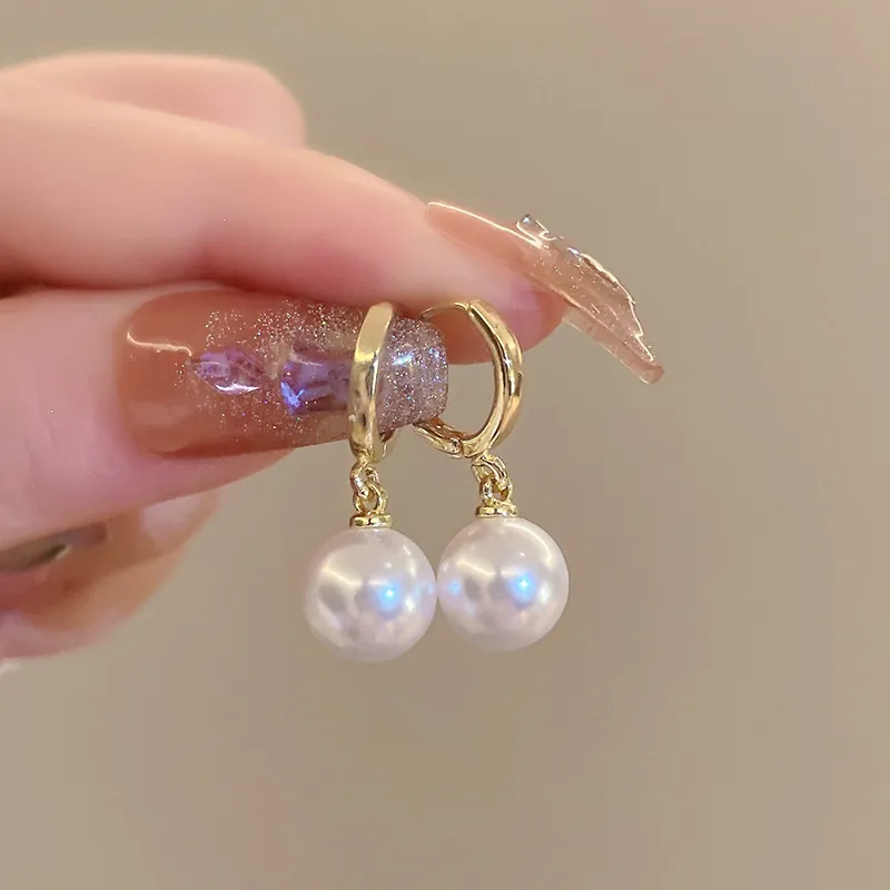 French Style Elegant Artificial Pearl Hoop Drop Earrings Copper Geometric Round Jewelry For Women Girls Daily Wear