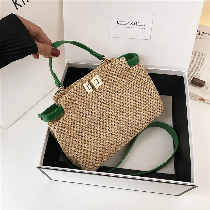 Women Straw Woven Handbag With PU Leather Trim Metal Twist Lock Summer Beach Retro Shoulder Crossbody Bag