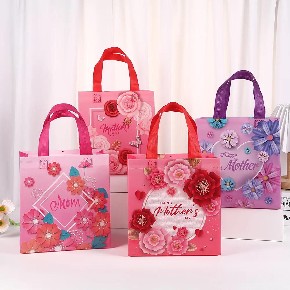 Mother's Day Gift Bag Floral Non-Woven Reusable Shopping Tote Portable Packaging Handbag Mom Celebration Holiday Festive