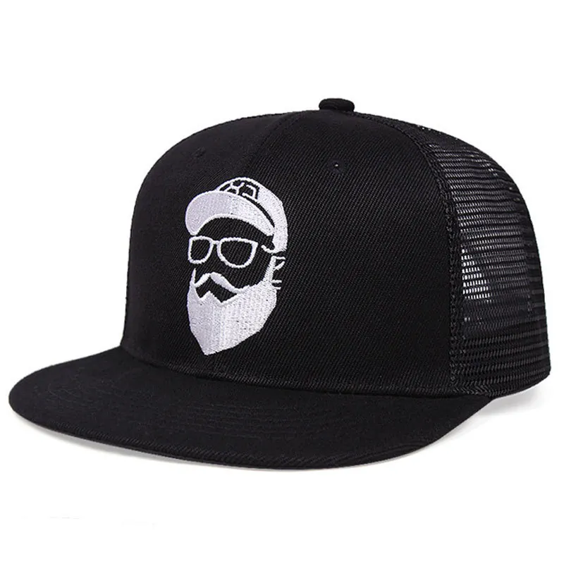 Bart Stickerei Trucker Hut Schwarz Mesh Flat Brim Baseball Cap Für Damen Herren Streetwear Verstellbar Snapback
