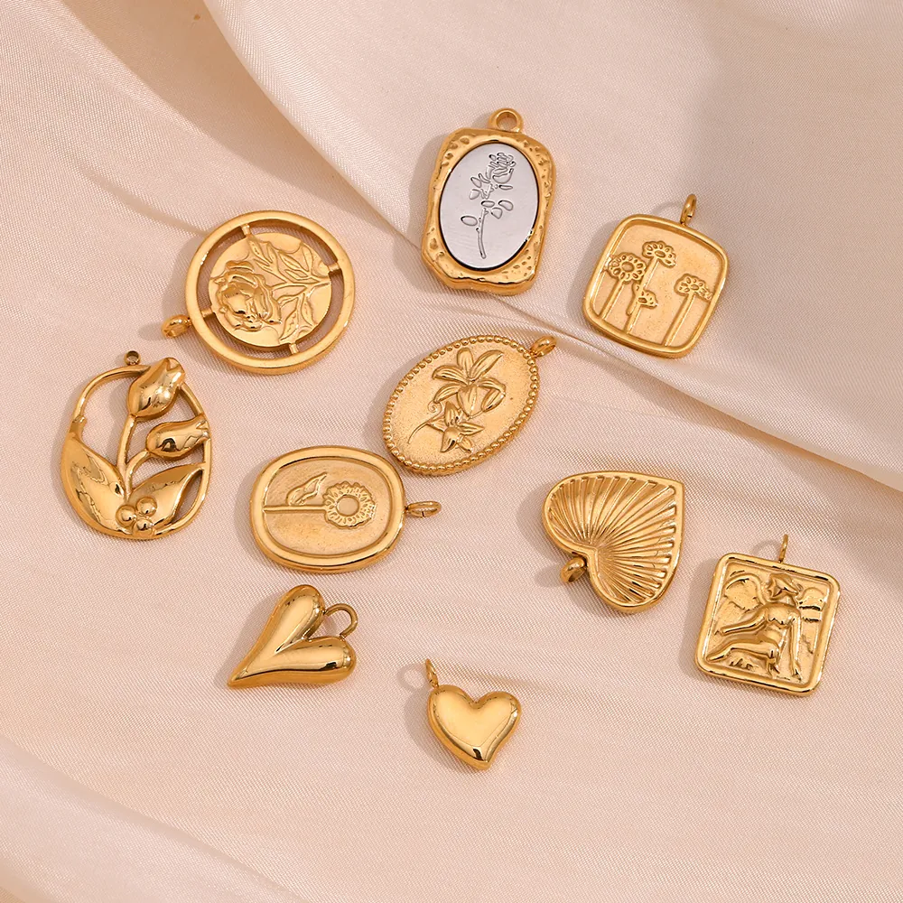 Vintage Stainless Steel Charms 18K Gold Plated Flower Heart Angel Relief Pendants For DIY Jewelry Making Accessories
