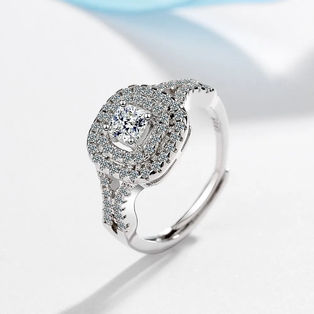 Cushion Cut Double Halo Zirconia Copper Ring Platinum Plated Adjustable Open Finger Ring Fashion Jewelry Accessory For Women
