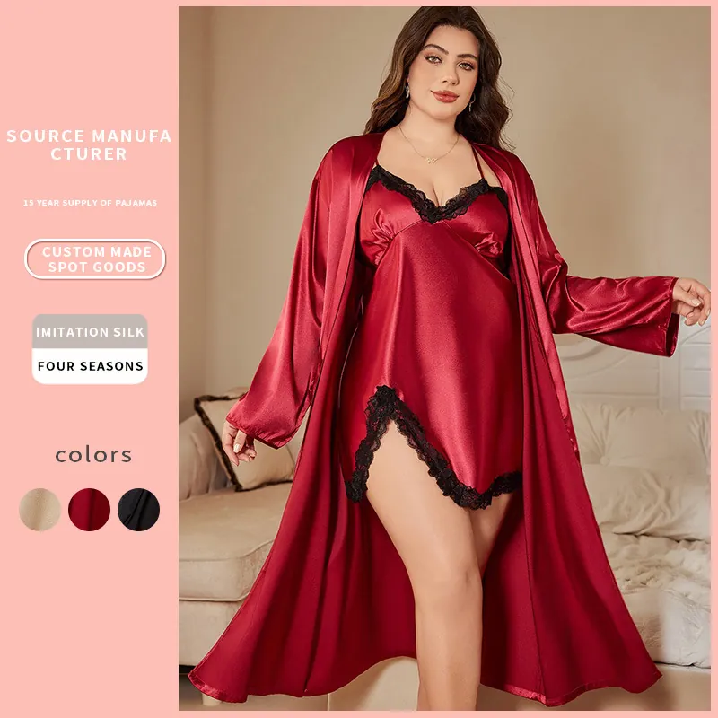 Nuisette Et Peignoir En Satin Grande Taille Pour Femmes Vêtements De Nuit En Satin Artificielle Dentelle Sexy