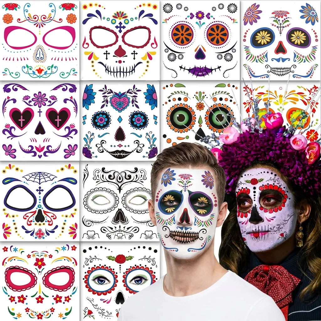 Face Tattoo Stickers Waterproof Halloween Day Of The Dead Sugar Skull Floral Design Cosmetic Grade Makeup Party