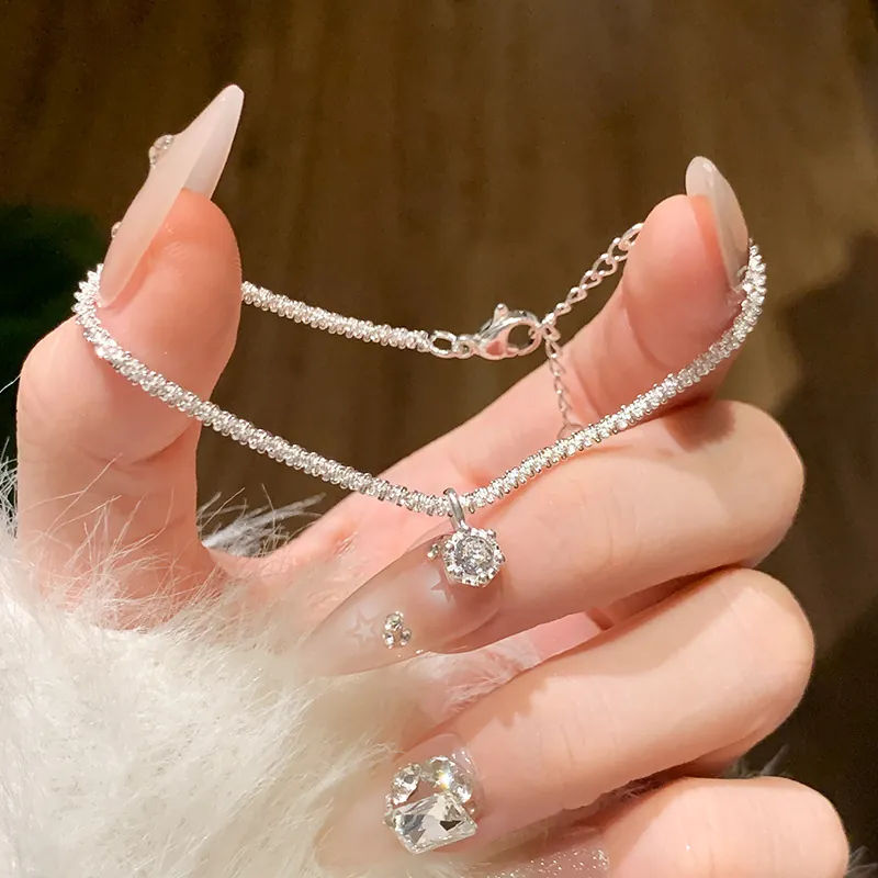 Silver Plated Zircon Flower Hexagon Pendant Bracelet Thin Chain Sparkly Fashion Jewelry For Women Girls Elegant Niche Gift