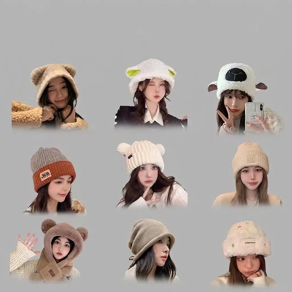 Cute Bear Ears Winter Knitted Beanie Hat For Women Thick Plush Thermal Windproof Warm Balaclava Scarf One Piece Hooded Hat