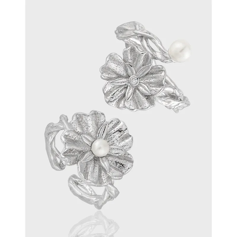 Flower Artificial Pearl Open Ring Adjustable 925 Sterling Silver Branch Vine Design Elegant Aesthetic Jewelry For Women