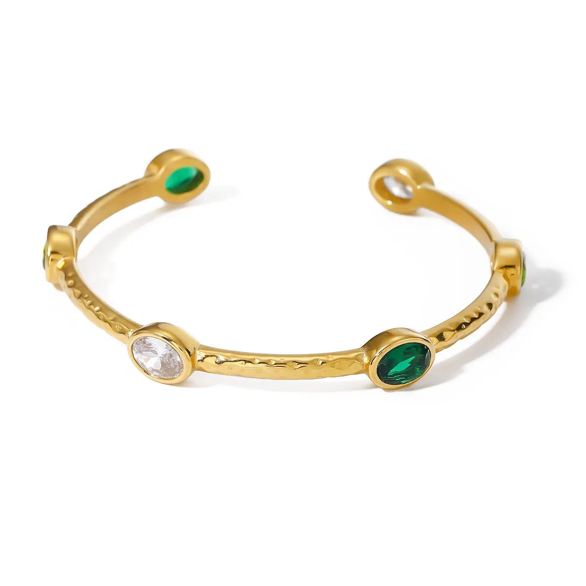 Bracciale Rigido Vintage in Acciaio Inossidabile Martellato per Donna Placcato Oro 18K Con Strass Verde Bianco Gioielli Regolabili