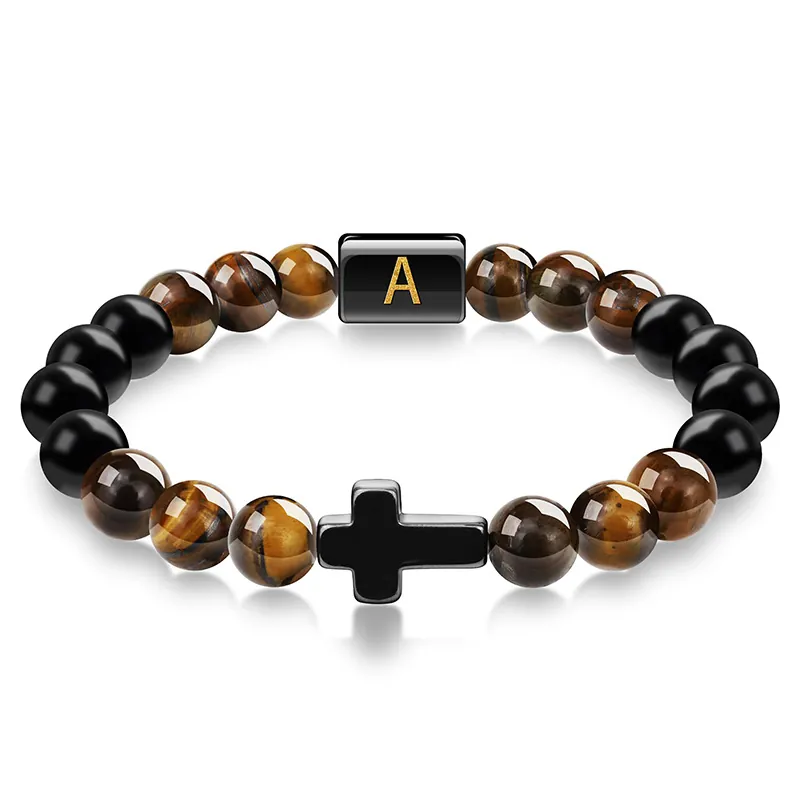 Beaded Bracelet Natural Tiger Eye Stone With Black Cross Charm And Gold Initial Letter A-Z Personalized Jewelry For Men