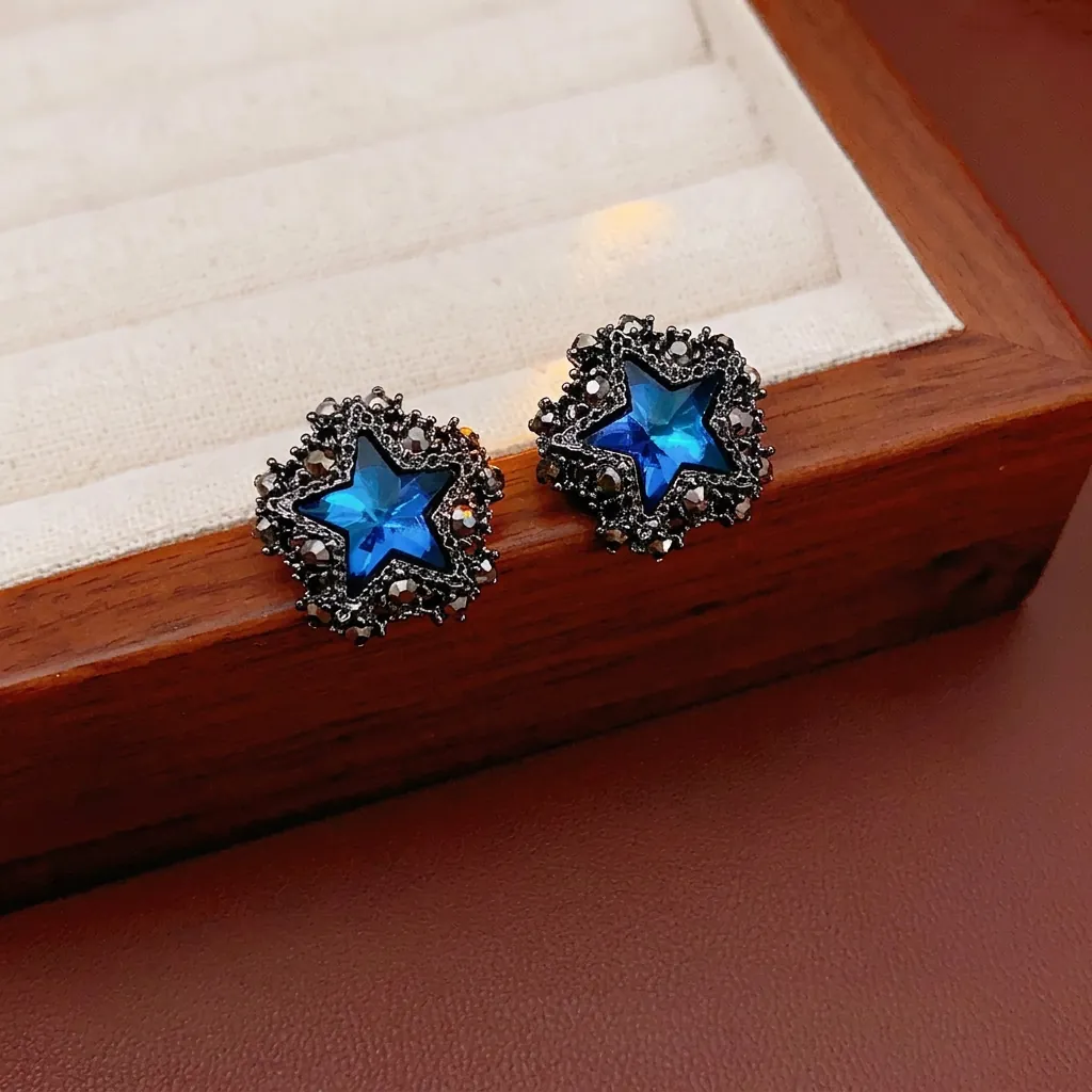 Blaue Stern Ohrstecker Mit Legierung Strass Und Silbernem Ohrringstift Retro Gothic Dunkler Luxus Chic Stil Für Damen