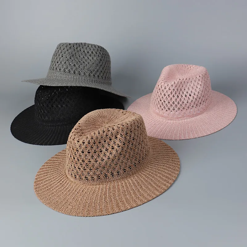 Chapeau Fedora Polyester Ajouré Respirant Protection Solaire Large Bord Pliable Panama Jazz Casquette Été Plage Vacances