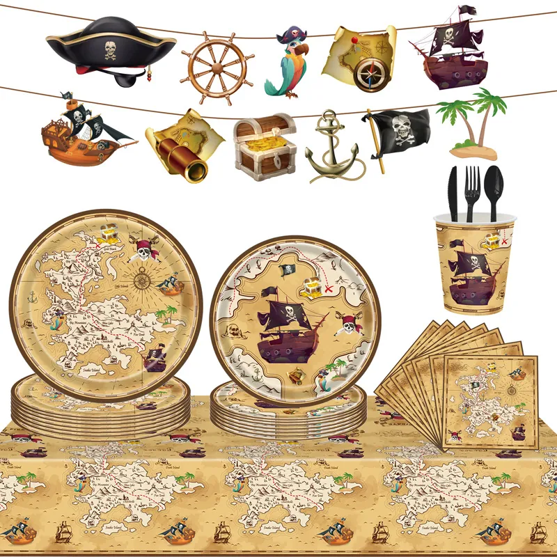 Stoviglie Per Feste Usa E Getta Mappa Del Tesoro Pirata Decorazioni Banner Piatti Bicchieri Tovaglioli Tovaglia Posate In Plastica