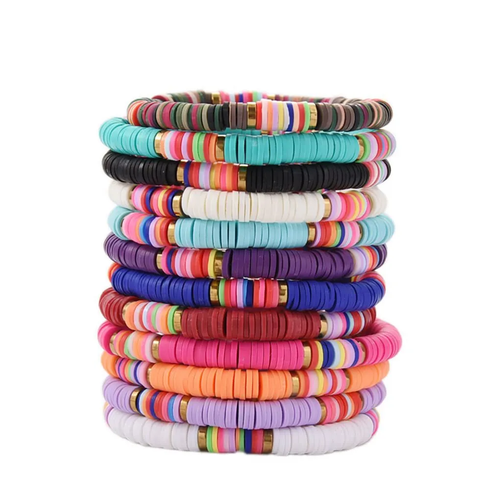 Colorful Polymer Clay Heishi Beaded Bracelets With Gold Metal Spacers And Letter Beads Summer Beach Vacation Jewelry