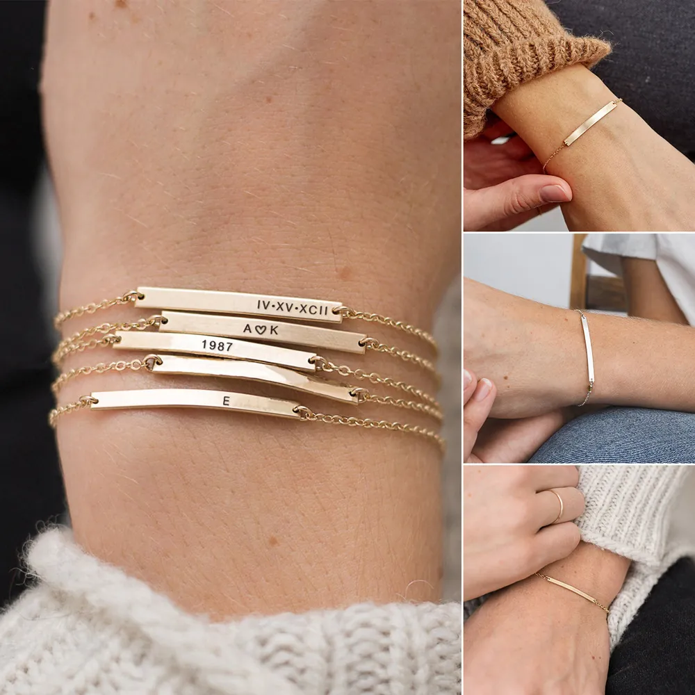 Minimalist Stainless Steel Curved Bar Chain Bracelet For Couples Adjustable Gold Plated Geometric Jewelry