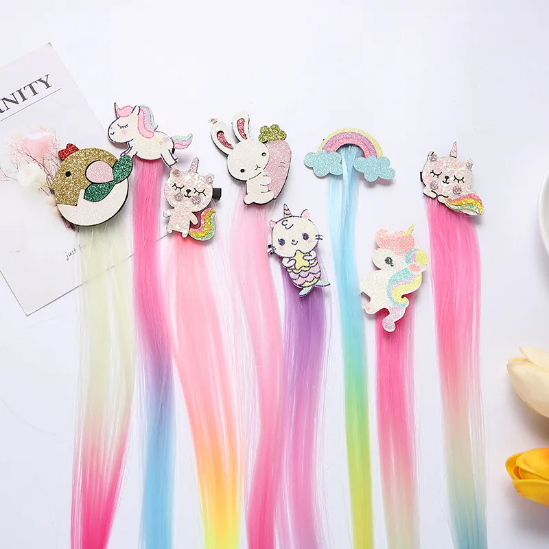 Kids Cartoon Unicorn Hair Clips With Long Colorful Gradient Synthetic Hair Extensions Glitter Sequin Hairpins For Girls