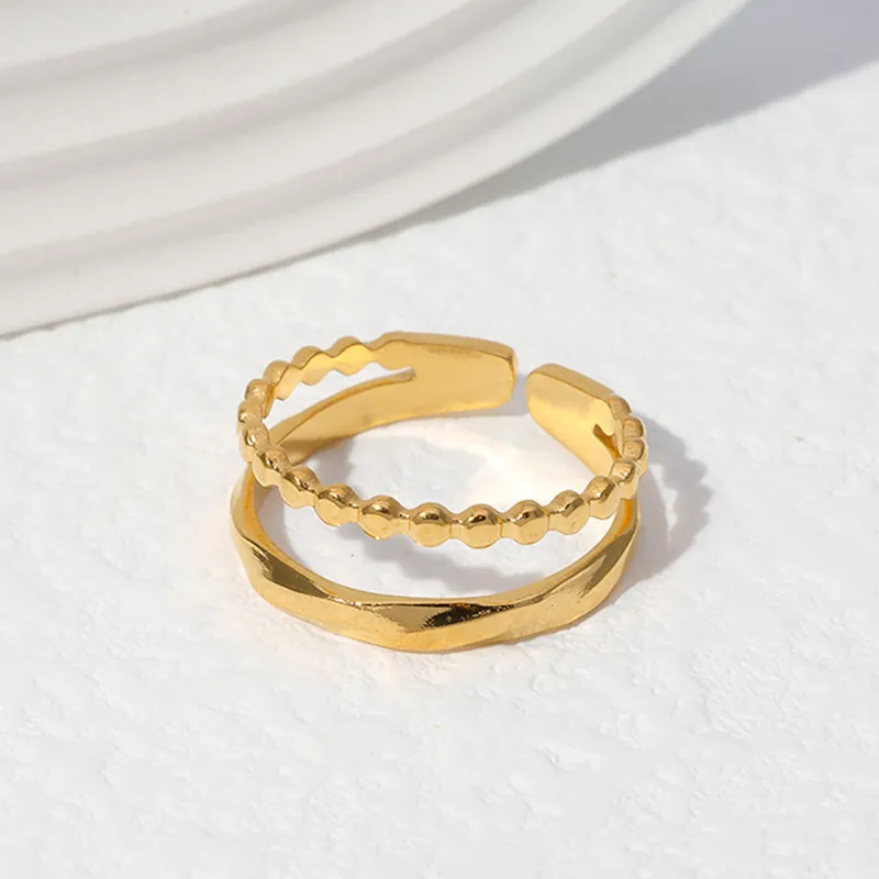 Stainless Steel Ring Double Layer Wave Bead Chain Design Adjustable Open Geometric Fashion Jewelry For Women