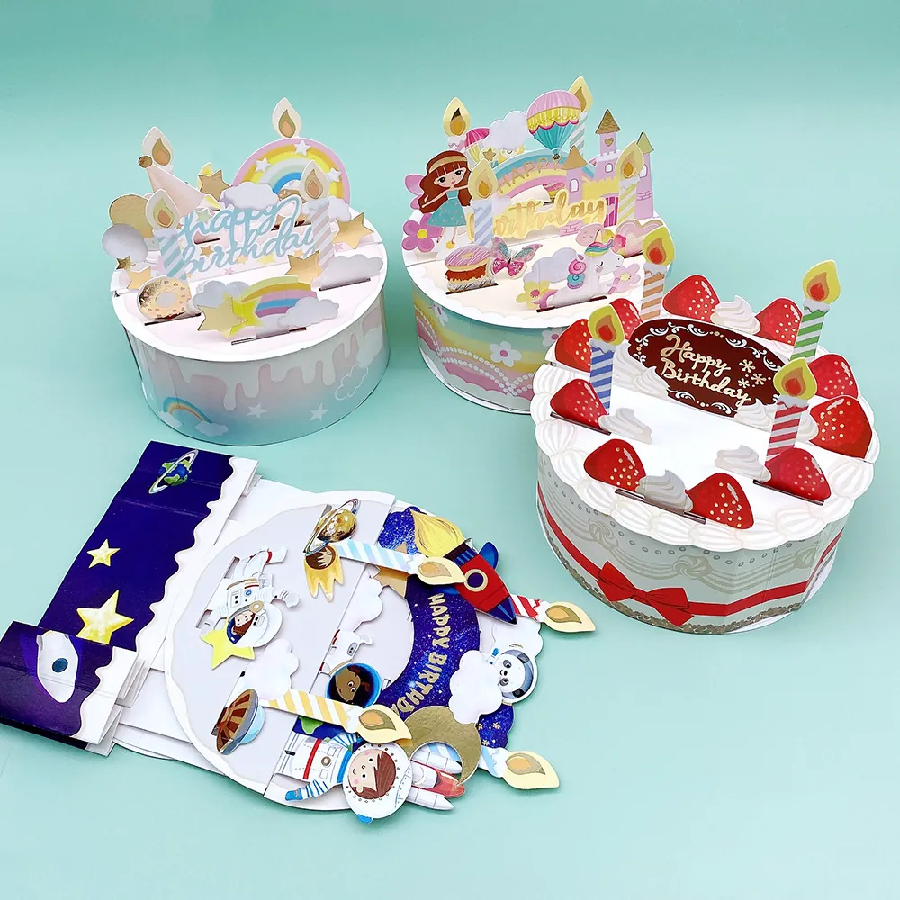 Biglietto Auguri Compleanno 3D Pop-up Taglio Laser Doratura Torta Spazio Unicorno Tema Biglietto Regalo Con Busta