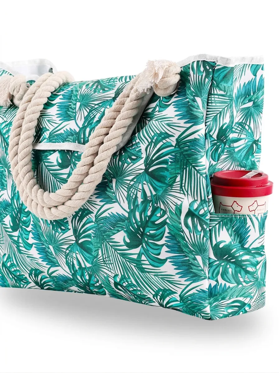 Canvas Beach Tote Bag With Cotton Rope Handles Side Pockets Small Pouch Printed Summer Vacation Travel Handbag Women
