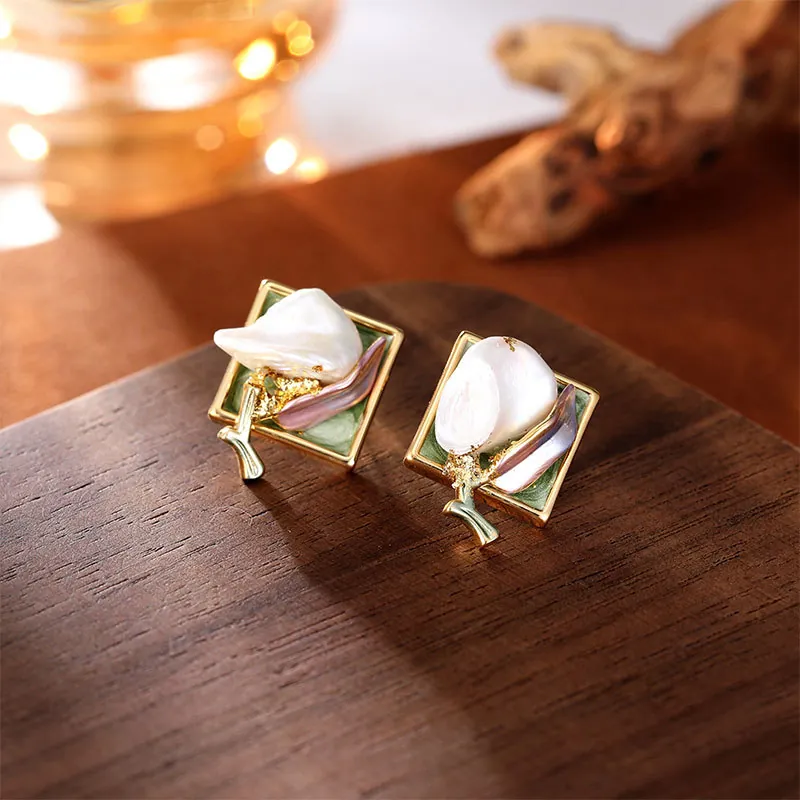 Boucles d'Oreilles Clous en Cuivre Émaillé Vintage Avec Tige en Argent Sterling 925 Perle Naturelle Carrée Bijoux Peints à la Main Femme