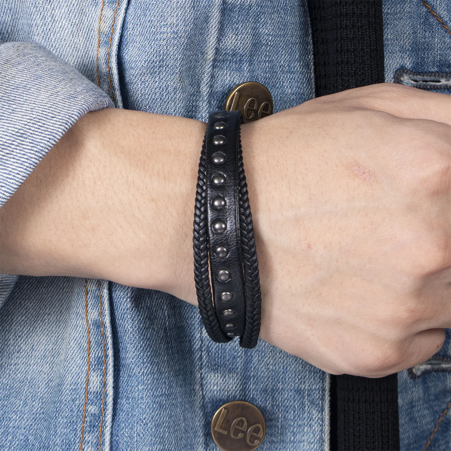 Men's Multi-Layer Braided PU Leather Bracelet With Metal Studs Punk Style Magnetic Clasp Fashion Jewelry