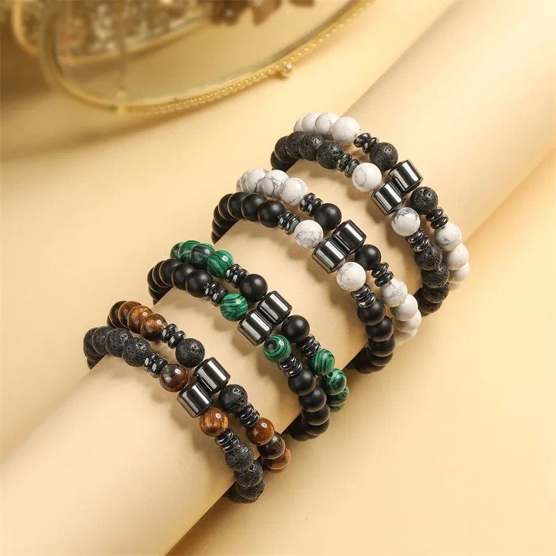 Set di Bracciali di Perline in Pietra Naturale in Stile Western per Uomo Donna Lava Occhio di Tigre Malachite Turchese Gioielli