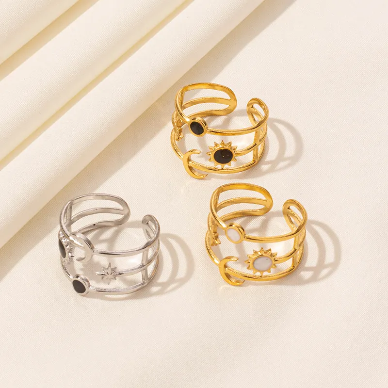 Sun Moon Star Celestial Open Ring 304 Stainless Steel Triple Layer Adjustable Drip Oil Enamel Chic Jewelry Unisex
