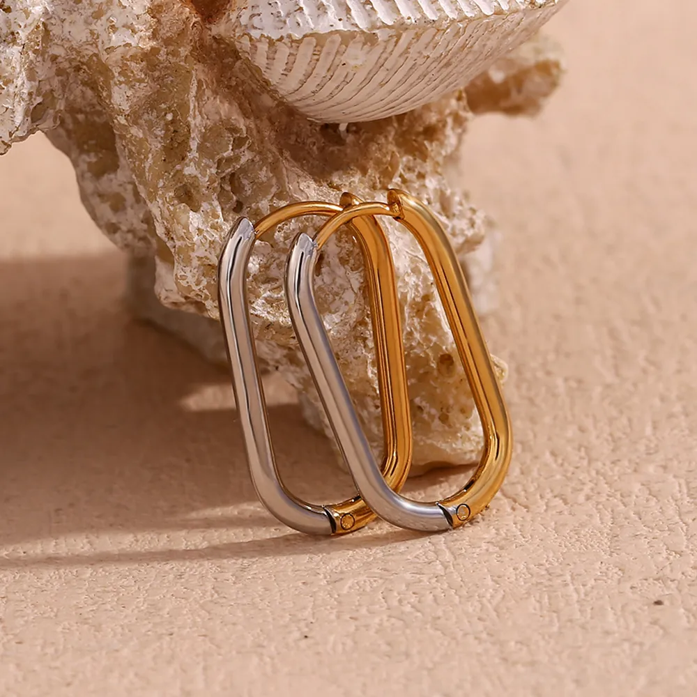 Modern Minimalist Stainless Steel Two Tone Gold Silver Plated Oval Hoop Earrings Geometric Fashion Jewelry For Women Everyday Wear