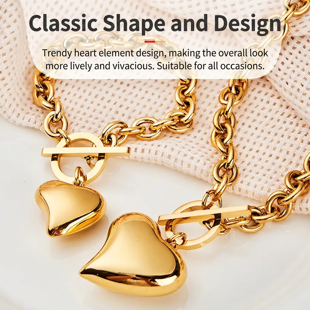 Heart Pendant Necklace And Bracelet Stainless Steel Chunky Chain Toggle Clasp Minimalist Jewelry For Women