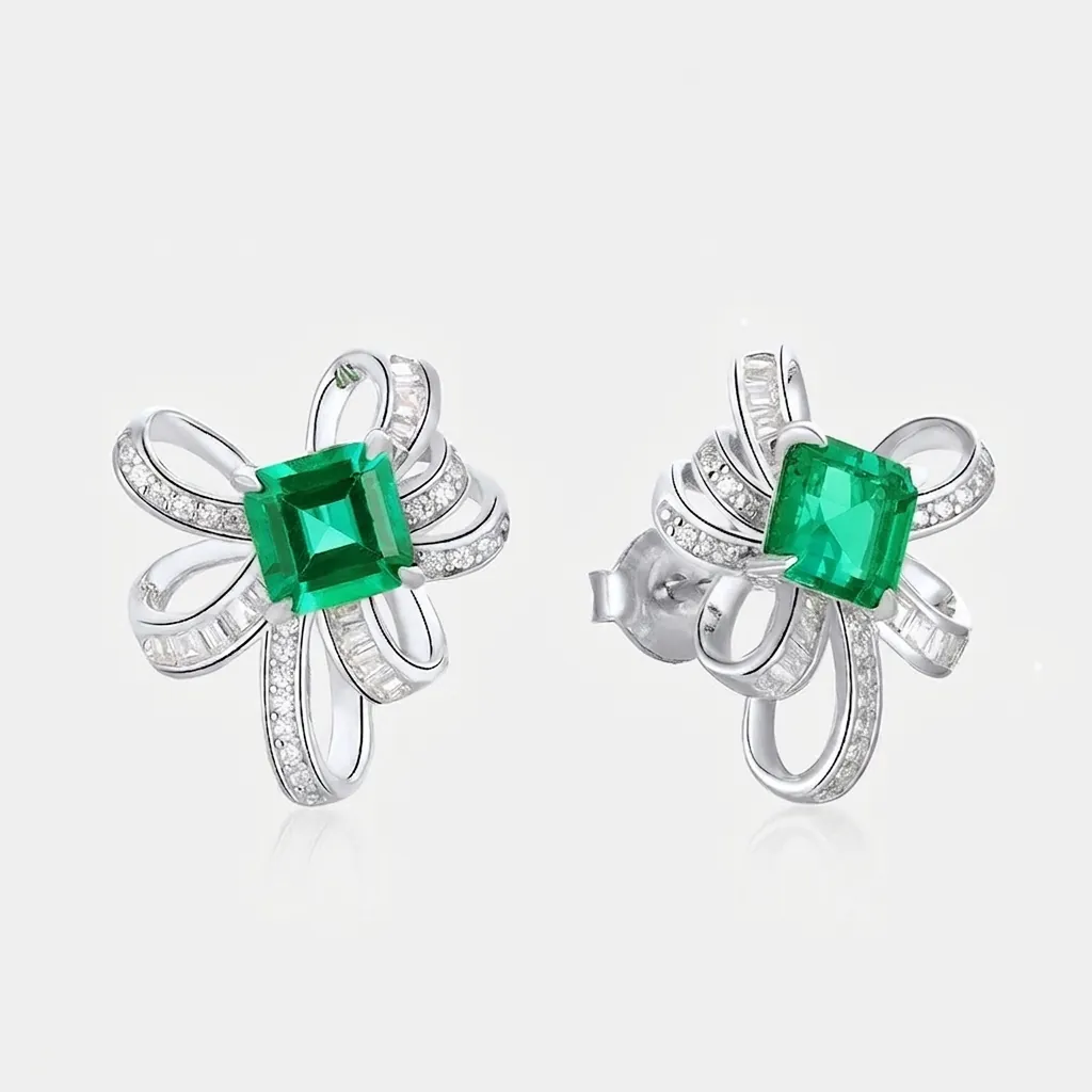 925 Sterling Silver Bow Stud Earrings With Lab-Created Emerald And Zirconia Elegant Ribbon Jewelry For Women Wedding Gift