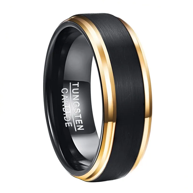 Tungsten Carbide Ring Black Matte Brushed Surface Gold Polished Step Edges Masculine Fashion Jewelry For Men
