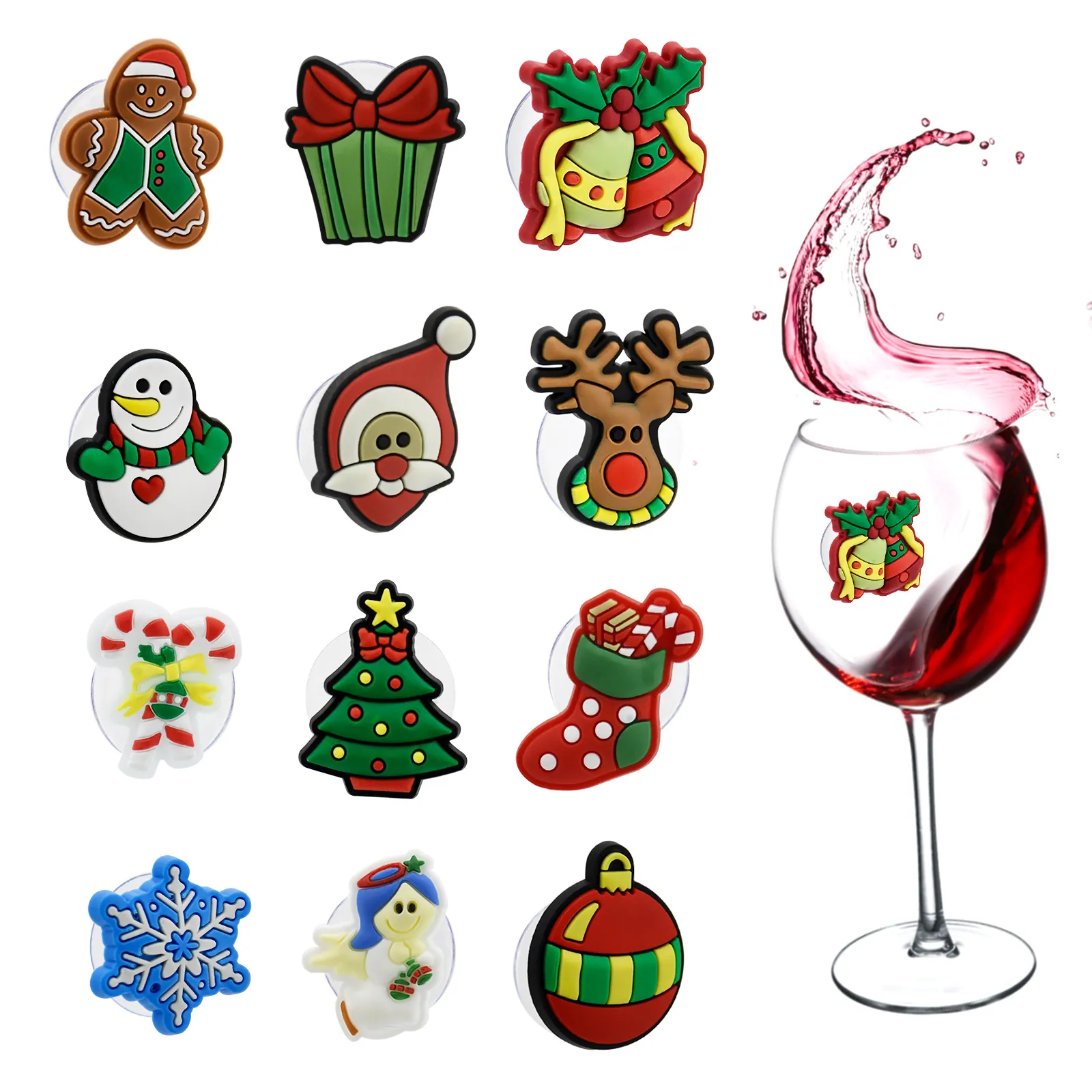 Christmas Wine Glass Markers Suction Cup Identifiers PVC Soft Glue Festive Cartoon Designs For Holiday Party Drink Decoration
