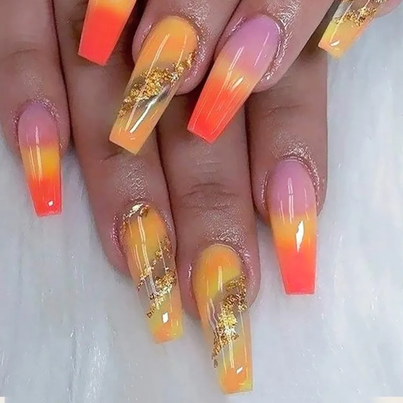 Long Coffin Press On Nails Gradient Rainbow False Nails With Gold Foil Glitter Glossy Wearable For Women