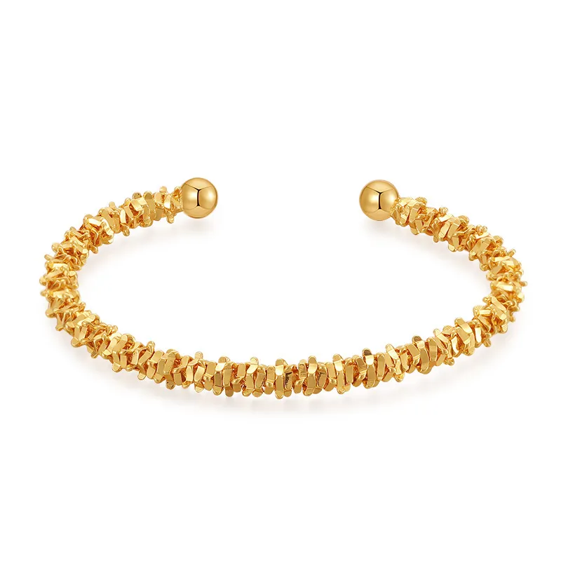 Brazalete Abierto de Cobre Minimalista para Mujer Chapado en Oro 18K Textura Irregular Pulsera Con Cuentas Joyería