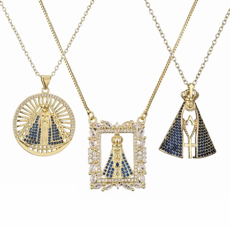 Collier Pendentif Croix Vierge Marie Religieux Cuivre Plaqué Or Avec Zircone Cubique Bijoux De Mode Rétro
